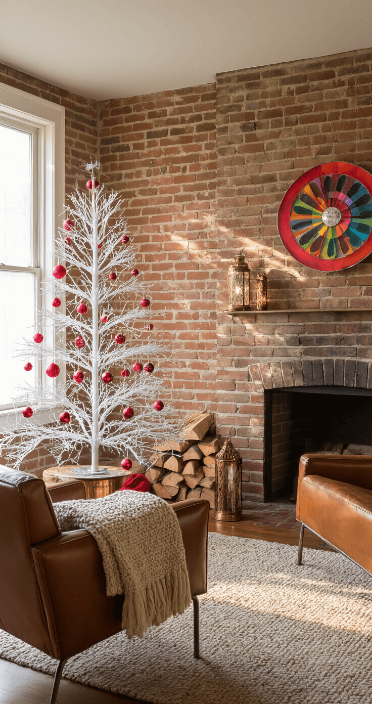 Magical Christmas Decor Ideas for 2025: Transform Your Home into a Festive Wonderland Cozy den with exposed brick wall, late afternoon light illuminating a vintage aluminum Christmas tree adorned with ruby ornaments and a rotating color wheel. Mid-century modern leather chairs with thick knit throws flank a fireplace, complemented by copper holders of stacked firewood and Moroccan lanterns casting intricate shadows, all captured from a seated height for an intimate atmosphere.