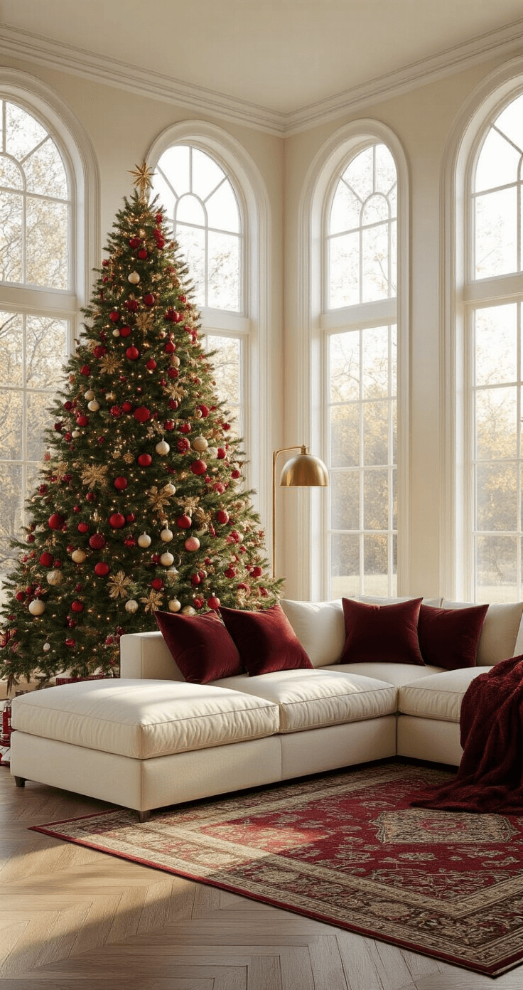 Transform Your Living Room into a Magical Christmas Haven A spacious living room during golden hour, featuring a 9ft Christmas tree in a bay window, adorned with red, green, and gold ornaments. A plush cream sectional with burgundy and gold pillows, a chunky crimson throw, herringbone hardwood floors, and a vintage Persian rug are accentuated by warm ambient lighting from a brass floor lamp. The scene captures a nostalgic atmosphere with sunlight streaming through floor-to-ceiling windows.