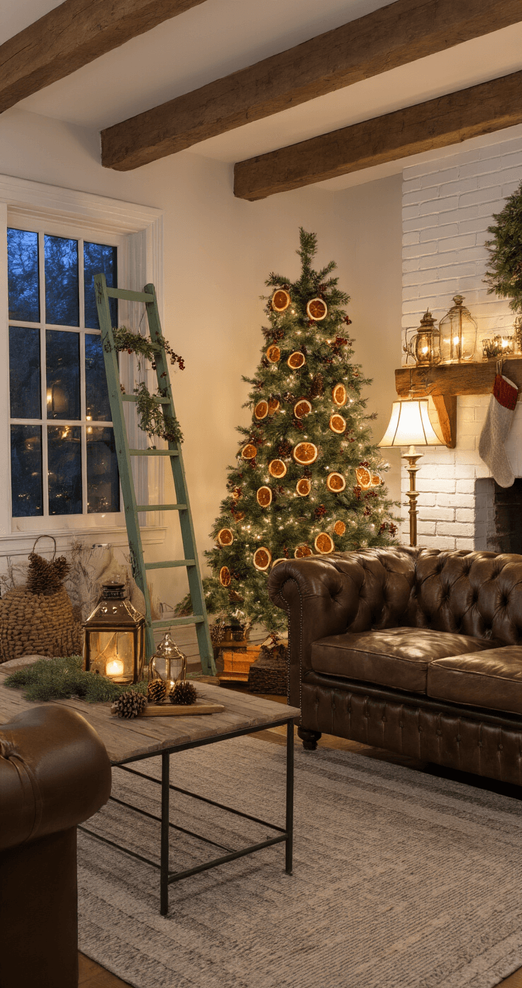 Transform Your Living Room into a Magical Christmas Haven A cozy twilight living room in a cottage, featuring exposed wooden beams, a vintage sage green ladder tree adorned with dried orange slices and cranberry garlands, a weathered leather Chesterfield sofa, antique brass floor lamps, and a whitewashed brick fireplace with stockings, all illuminated by warm Edison bulb lighting.