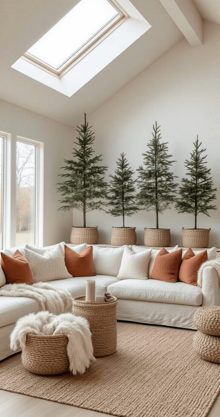 Transform Your Living Room into a Magical Christmas Haven A spacious Scandinavian-inspired great room featuring a cathedral ceiling with natural light pouring through a skylight. The scene includes multiple tabletop pine trees in woven baskets on a white oak console, a neutral linen sectional adorned with cream and terracotta textured pillows and sheepskin throws, a jute rug, and rattan accents, all highlighted by soft natural lighting.