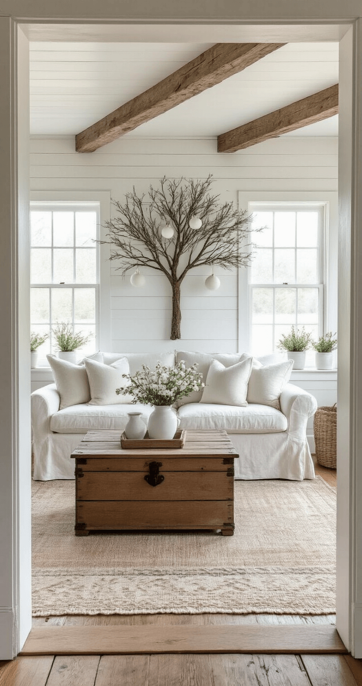Transform Your Living Room into a Magical Christmas Haven A bright farmhouse living space featuring whitewashed shiplap walls, exposed beams, a slipcovered linen sofa, and a vintage wooden coffee table, adorned with a DIY wall-mounted tree made of pine branches and white ceramic ornaments, layered vintage rugs, and potted paperwhites on the windowsills, all captured through a doorway that frames the scene.