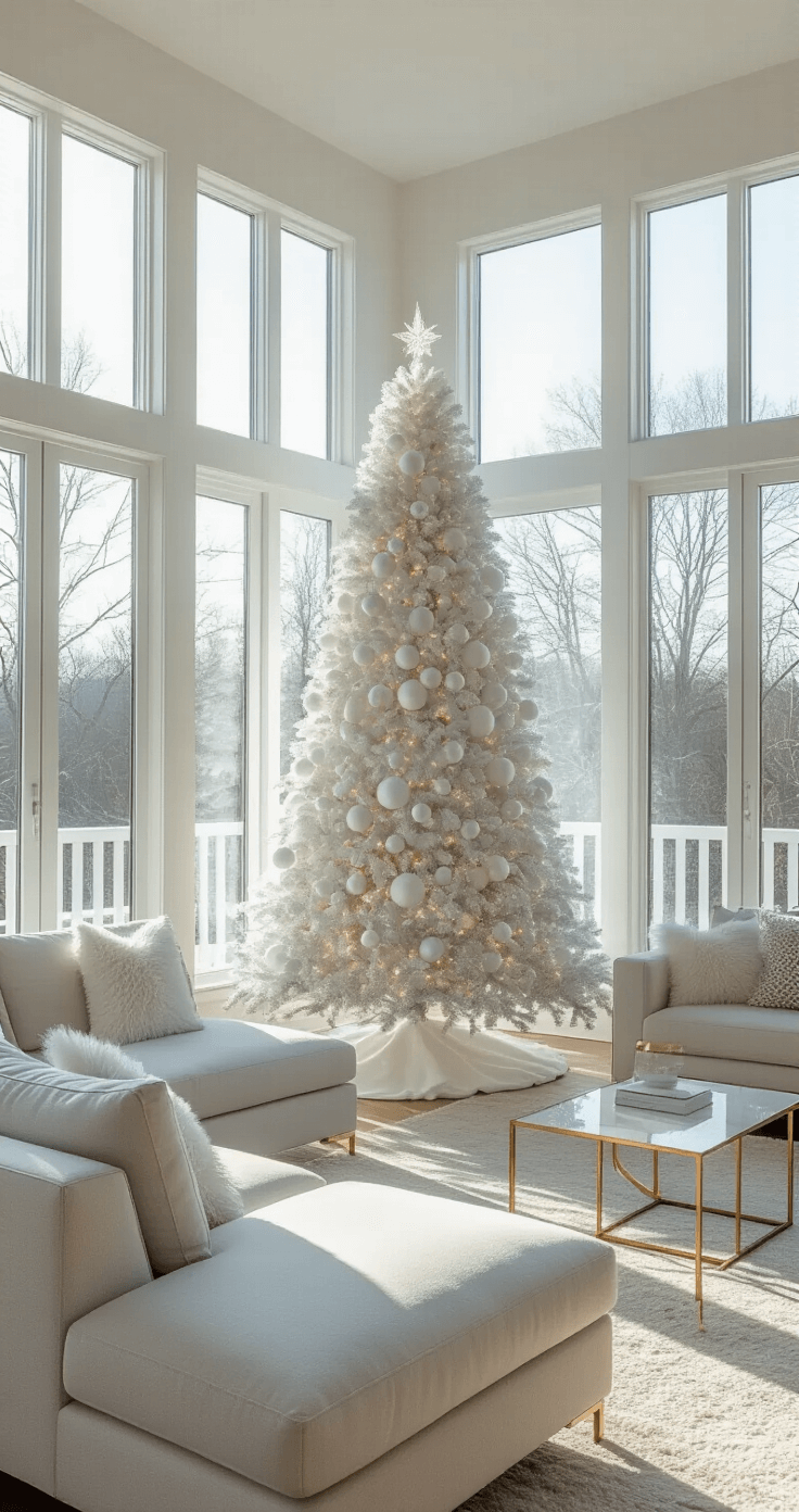 White Christmas Trees: A Sophisticated Festive Centerpiece A contemporary living room bathed in sunlight, featuring a 7ft white Christmas tree in a bay window, adorned with matte and glossy white baubles, alongside a pearl grey sectional and brass accent tables, all illuminated by morning light.