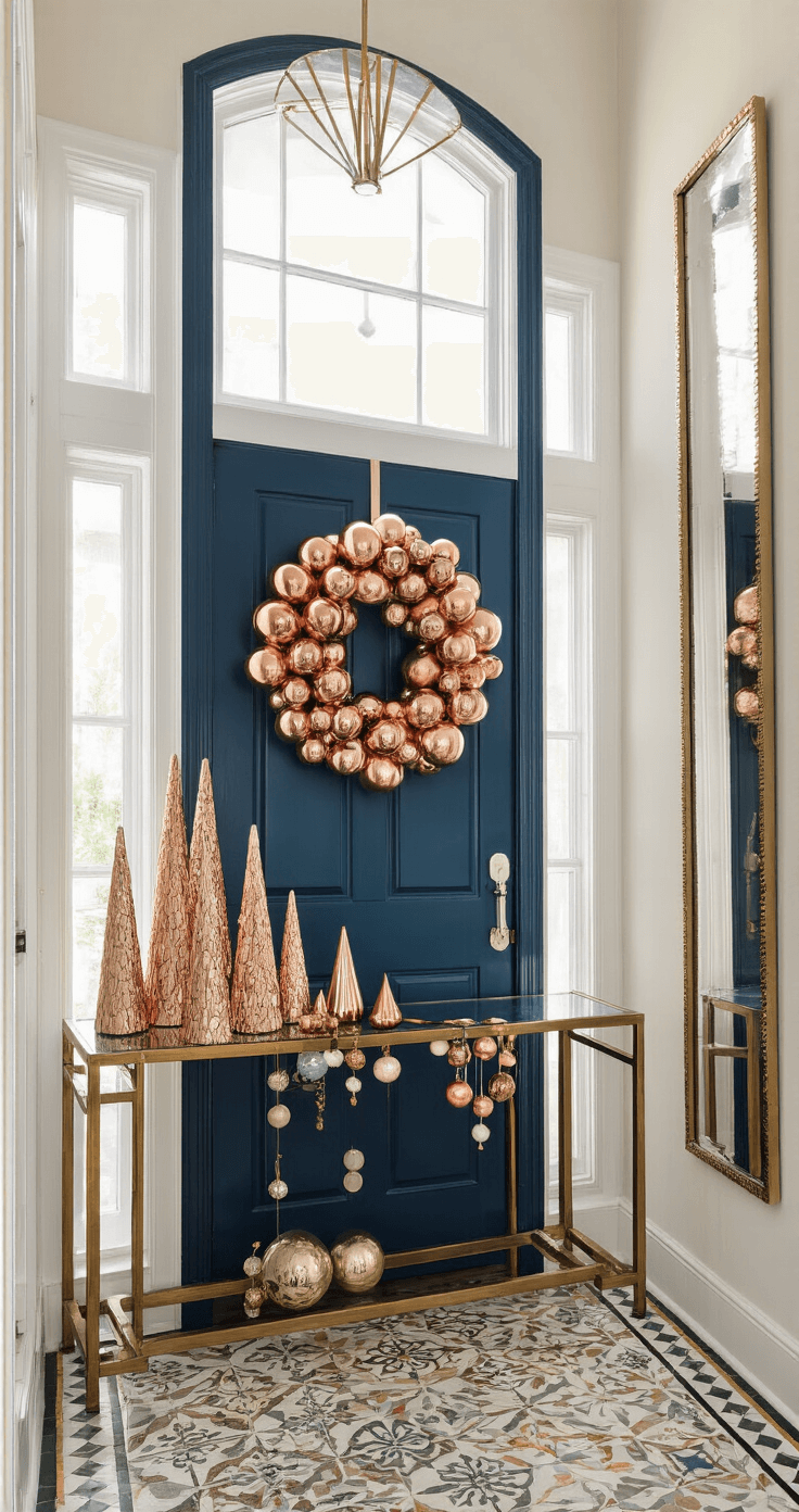 Magical Christmas Decor Ideas for 2025: Transform Your Home into a Festive Wonderland A vibrant entry foyer featuring a double-height ceiling, flooded with midday natural light from transom windows. A deep blue door adorned with an oversized wreath of copper and rose gold ornaments stands at the center. A console table displays graduated mercury glass trees and a cascade of metallic ornaments, while an oversized vintage floor mirror reflects light and adds depth. The geometric tile floor with inlaid brass completes the bright, airy atmosphere.