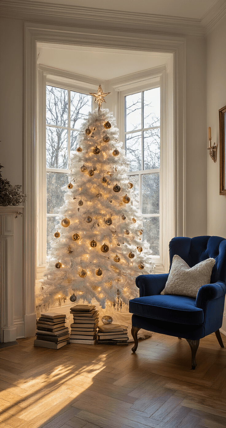 White Christmas Trees: A Sophisticated Festive Centerpiece A cozy reading nook featuring a 5ft white Christmas tree adorned with vintage metallic ornaments and crystal icicles, set in a window alcove. Golden hour light casts shadows on herringbone floors, with a plush navy velvet chair and stacked antique books adding to the warm, nostalgic ambiance.