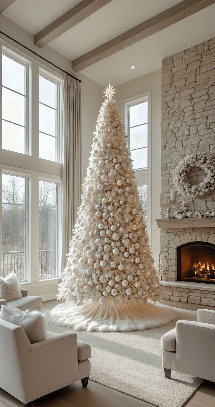 White Christmas Trees: A Sophisticated Festive Centerpiece A spacious great room with high ceilings features a large white Christmas tree adorned with oversized ornaments in front of a stone fireplace, illuminated by natural light from clerestory windows, complemented by modern greige furnishings and a faux fur skirt.