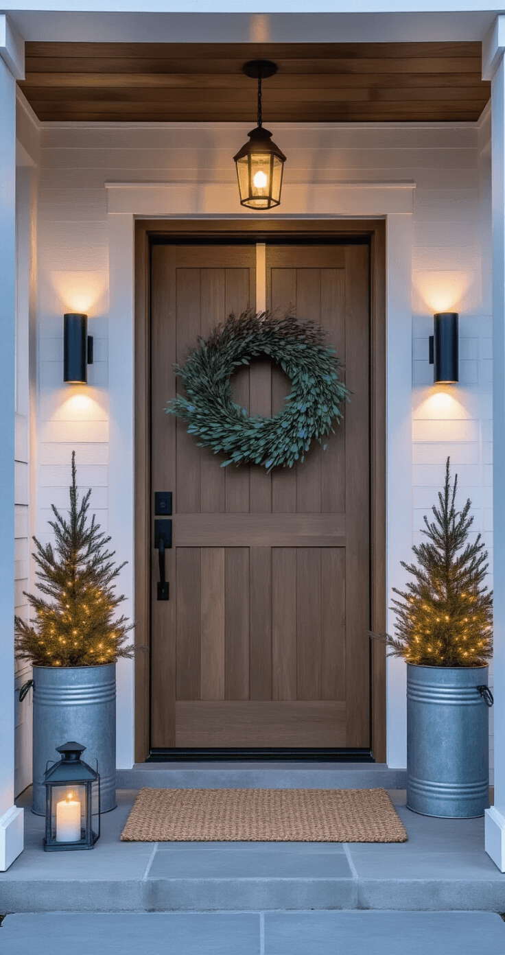Creating a Pinterest-Perfect Christmas Front Porch: Your Ultimate Styling Guide Intimate modern farmhouse entrance at blue hour, showcasing a covered entry with symmetrical black sconces, a natural wood door adorned with a minimalist wreath, illuminated mini pine trees in concrete planters, and a vintage milk can filled with birch branches, all softened by a woven jute mat over geometric tiles, complemented by glowing metal lanterns.