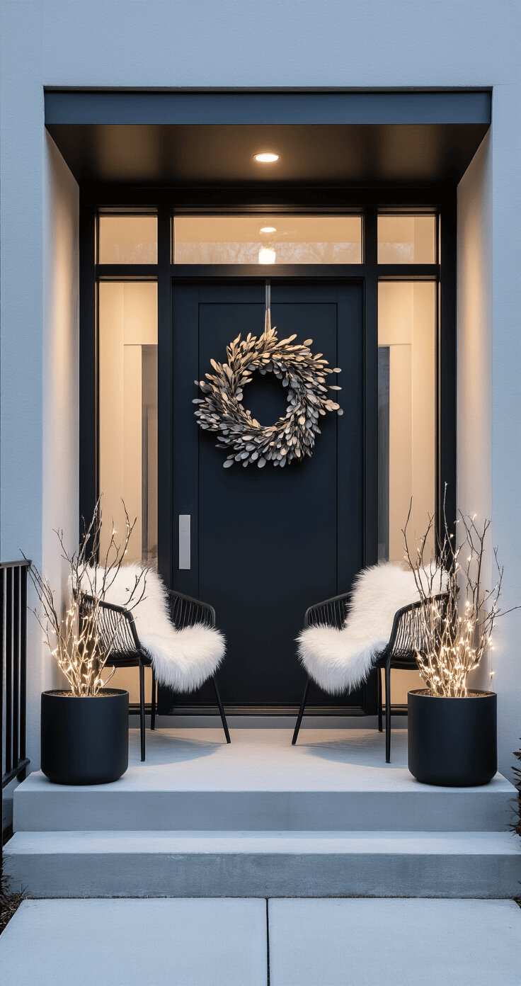 Creating a Pinterest-Perfect Christmas Front Porch: Your Ultimate Styling Guide A modern minimal front stoop at twilight features a clean concrete landing and sleek black door frame adorned with an asymmetrical wreath. Matte black planters hold illuminated branches, while ghost chairs with faux fur throws provide seating in a monochromatic grey palette.