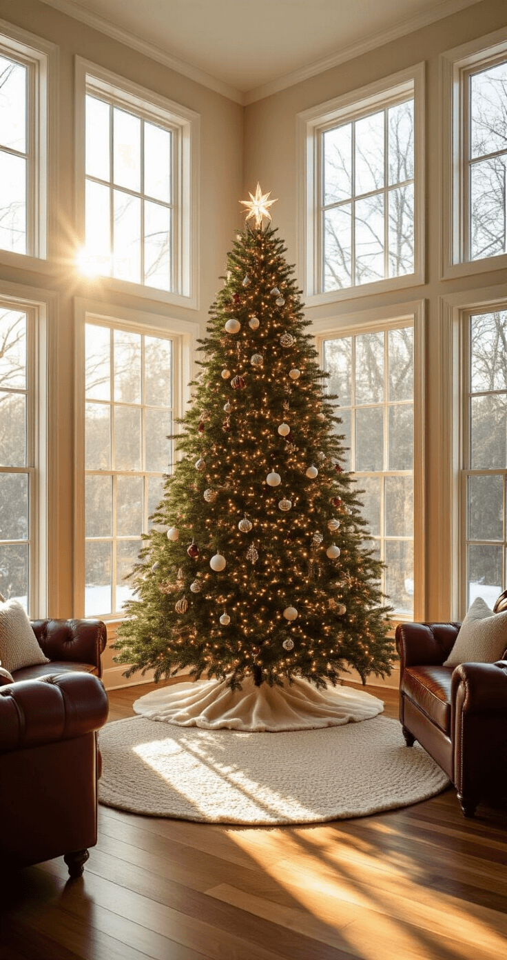 The Ultimate Guide to Christmas Trees: Bringing Holiday Magic Home A spacious living room with 12ft ceilings, featuring a beautifully decorated 9ft Fraser fir Christmas tree in a bay window, illuminated by golden hour sunlight. The scene captures honey-toned hardwood floors, deep burgundy leather furniture, and a chunky knit tree skirt, all contributing to a warm, inviting holiday atmosphere.