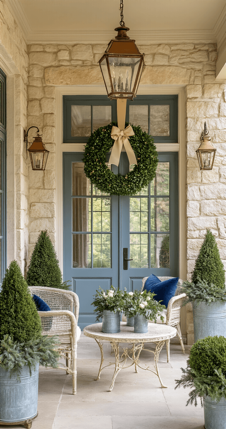 Creating a Pinterest-Perfect Christmas Front Porch: Your Ultimate Styling Guide A picturesque French country veranda bathed in first morning light, featuring a towering 20-foot limestone facade, climbing stone walls adorned with copper lanterns, and elegant blue double doors topped with a boxwood wreath. Zinc planters with topiaries wrapped in warm white lights and vintage watering cans filled with cedar and silver fir branches complete the serene atmosphere, alongside an antique cream bistro set with muted blue velvet cushions, all enveloped in ethereal morning mist.