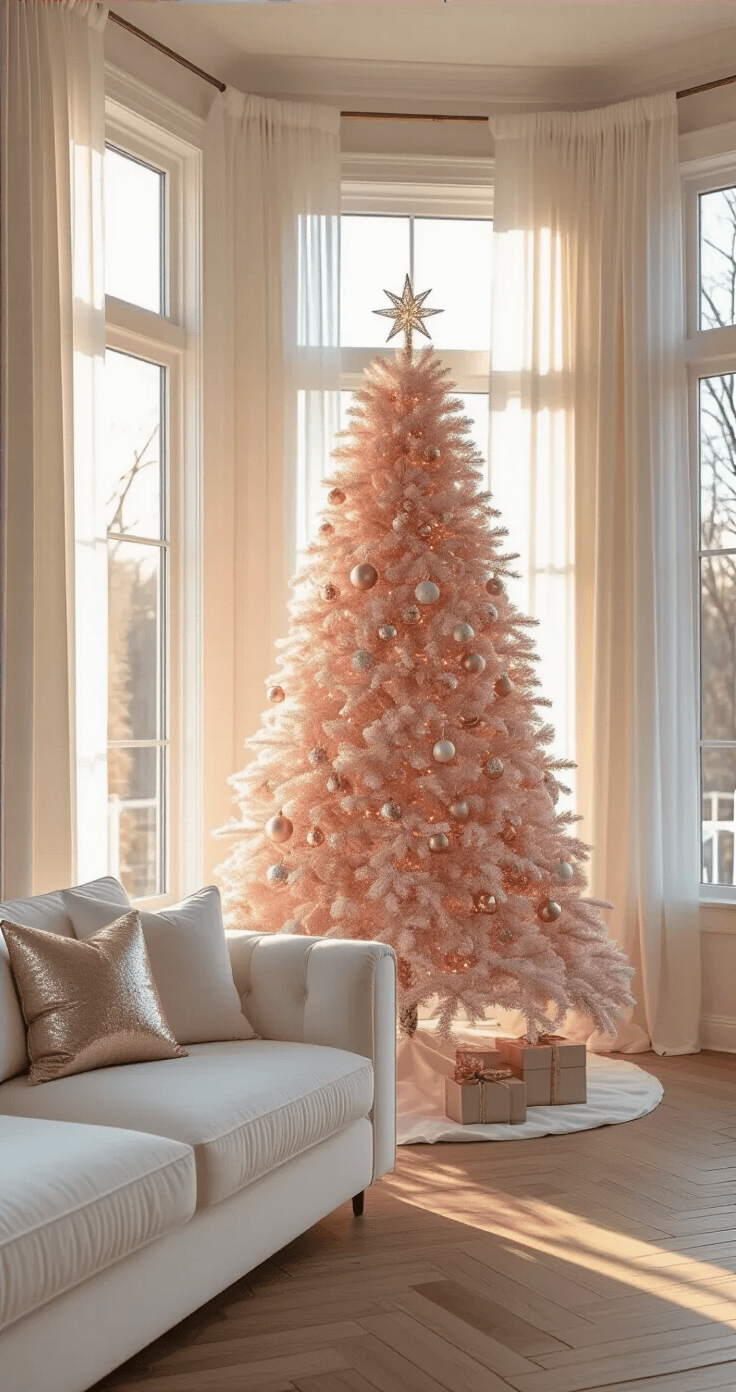 Pink Christmas Trees: A Festive and Fabulous Holiday Statement A contemporary living room with a pink Christmas tree in a bay window, bathed in golden afternoon light. The tree features snow-dusted branches and mixed-metal ornaments, surrounded by a white velvet sectional and herringbone oak floors.