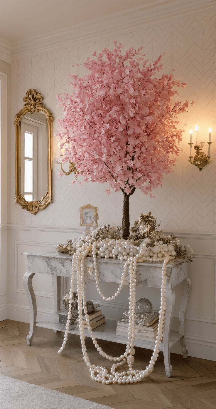 Pink Christmas Trees: A Festive and Fabulous Holiday Statement Cozy entryway featuring a 5ft ombré pink tree transitioning from blush to deep rose, illuminated by warm dusk lighting and wall sconces, with a vintage gold mirror, marble console table, and herringbone wallpaper backdrop, adorned with pearl and crystal garlands and vintage glass ornaments.