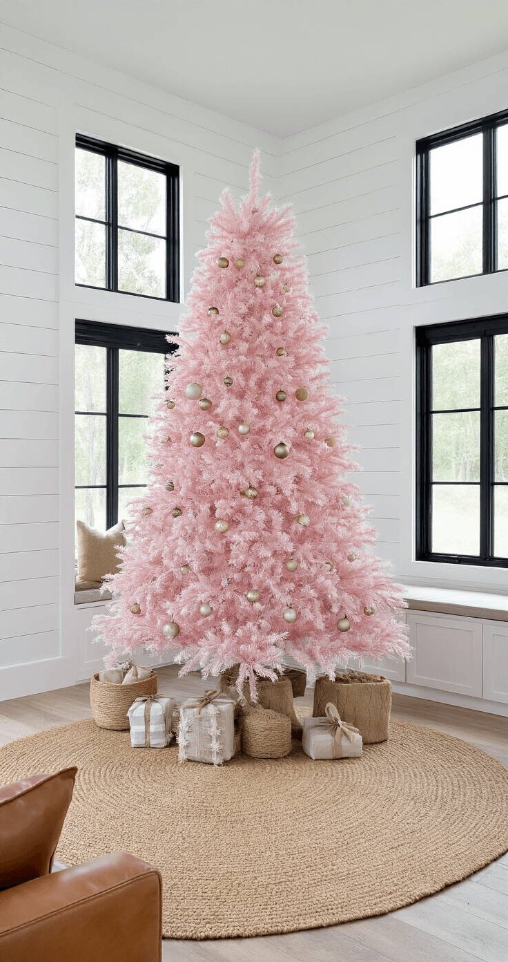 Pink Christmas Trees: A Festive and Fabulous Holiday Statement A modern farmhouse family room measuring 16x18 feet, featuring a 7.5-foot matte pink Christmas tree with flocked tips, surrounded by white shiplap walls and natural light streaming through black-framed windows. The tree is centered between built-in shelves and adorned with mixed metallic and wooden ornaments, along with burlap ribbon accents, all set on a natural jute rug with leather seating.
