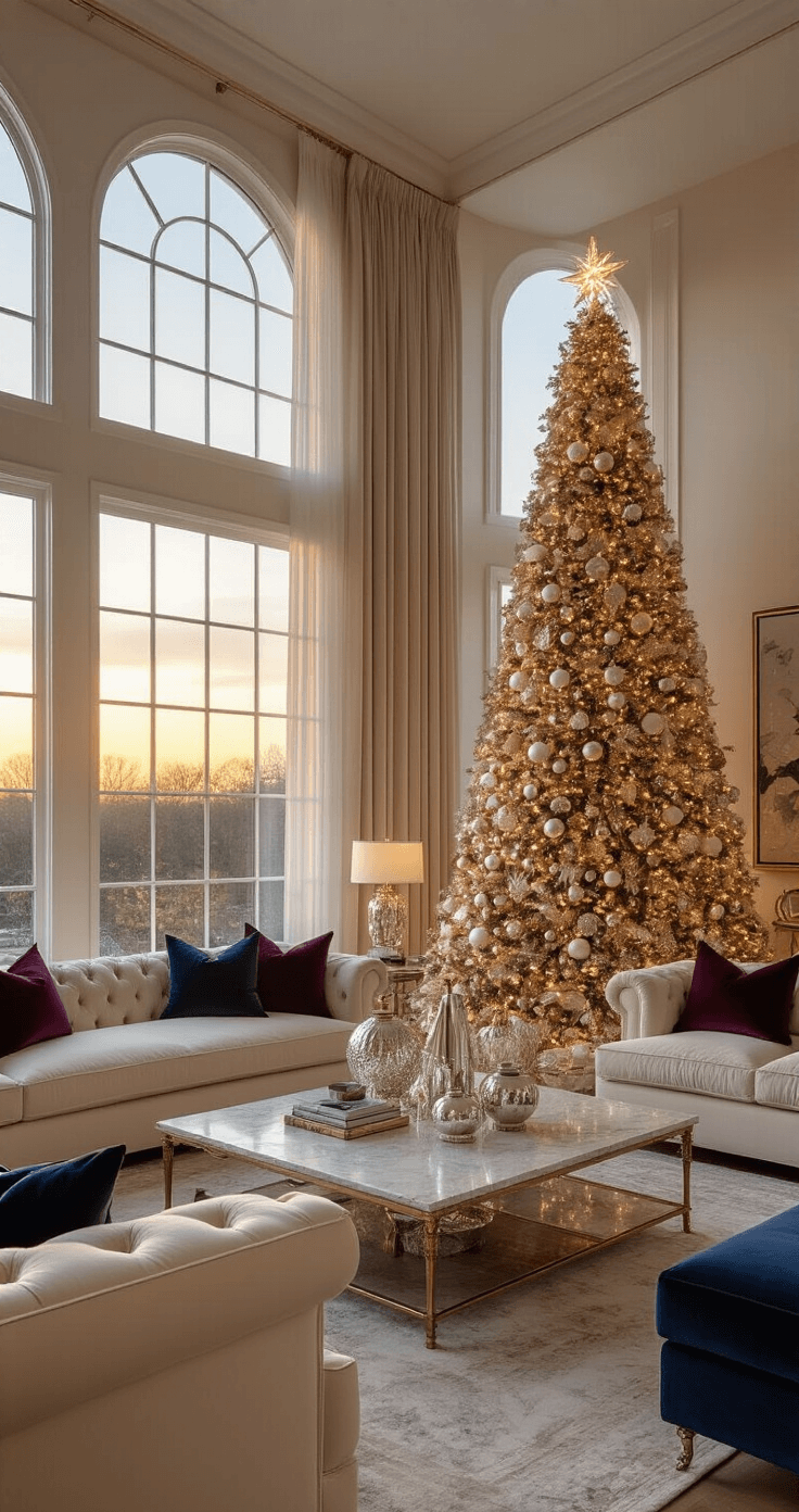 Luxurious Christmas Decor 2025: A Glamorous Guide to Festive Elegance A spacious living room with 12ft ceilings, featuring a tall champagne gold Christmas tree in the bay window, adorned with crystal and platinum ornaments. Cream velvet sofas frame a marble coffee table with mercury glass vessels, while deep marine blue and burgundy pillows add color. The scene is illuminated by warm sunset light streaming through sheer drapery, highlighting the contrast between metallic surfaces and soft textiles.