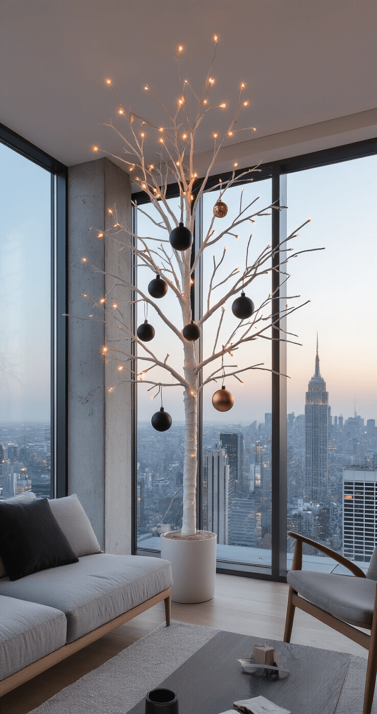 The Ultimate Guide to Christmas Trees: Bringing Holiday Magic Home Modern minimalist apartment living space featuring floor-to-ceiling windows with a city skyline at dusk, a slim white tree adorned with matte black and metallic copper ornaments, and geometric LED string lights, surrounded by Scandinavian-style gray wool and pale wood furniture against exposed concrete walls.