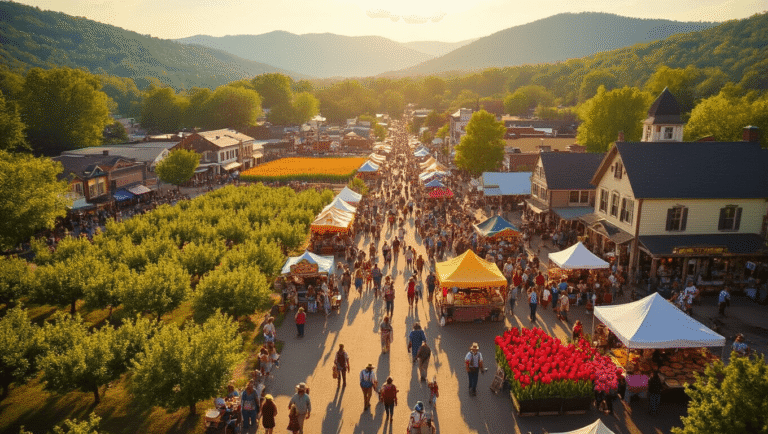 "Aerial view of combined American town festivals featuring apple orchard pie contests in Bayfield, tulip fields in Holland Michigan, Bavarian buildings and dancers in Helen Georgia, and mountain backdrop with bluegrass musicians, all bathed in warm, golden lighting."