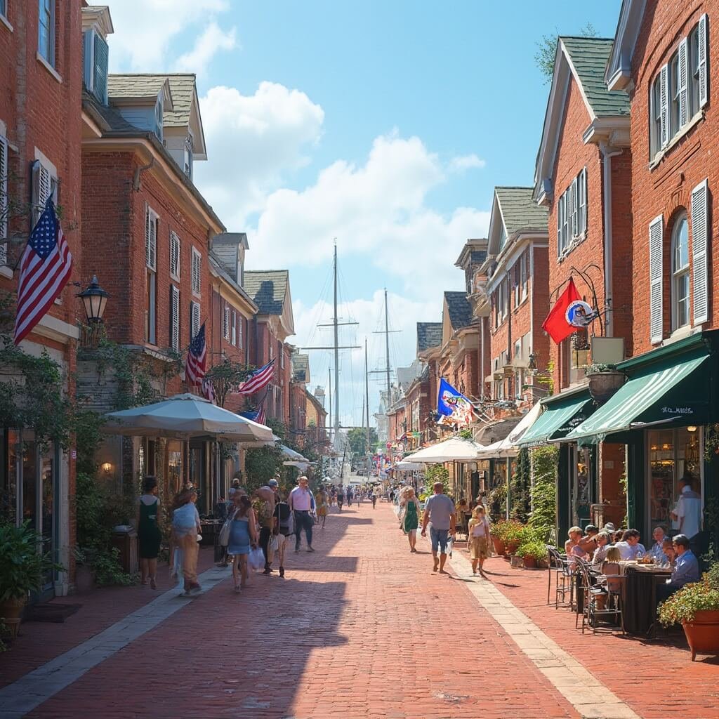 America's Hidden Treasures: 6 Small-Town Main Streets That Will Blow Your Mind Historic brick Main Street of Annapolis during boat show season with red colonial and Georgian architecture, museums, seafood restaurants, art galleries, sailboats in harbor, shoppers, American flags and coastal design elements.