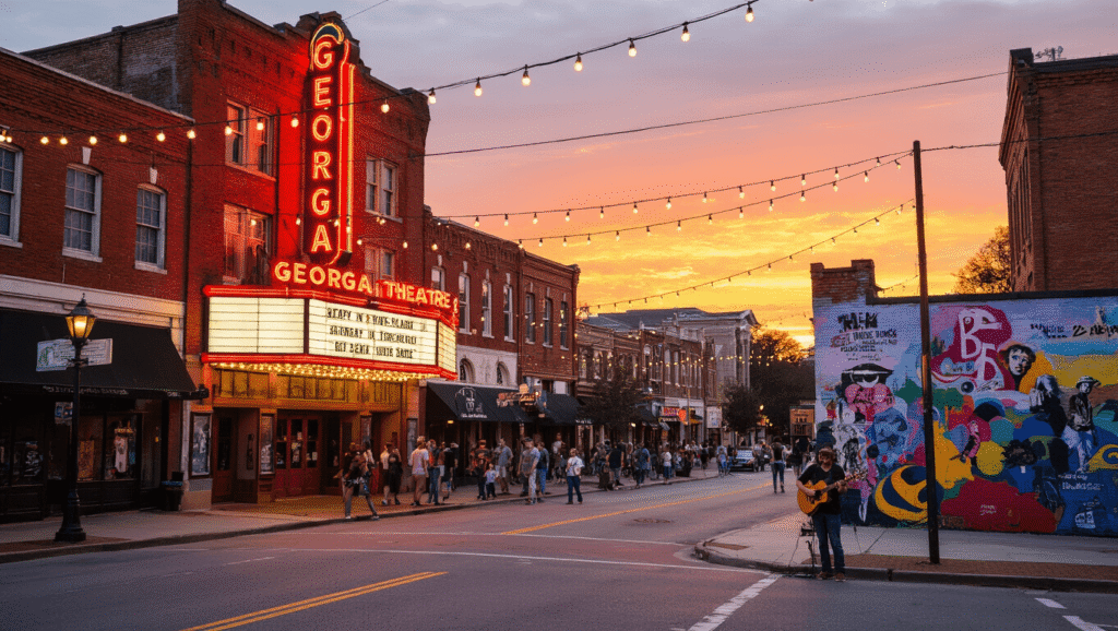 Southern Roots: Where History Whispers Between Modern Beats "Downtown Athens, Georgia street scene at dusk, featuring Georgia Theatre's neon marquee, historic red brick buildings, university students, locals, artist performing and a mural of R.E.M. and The B-52s"
