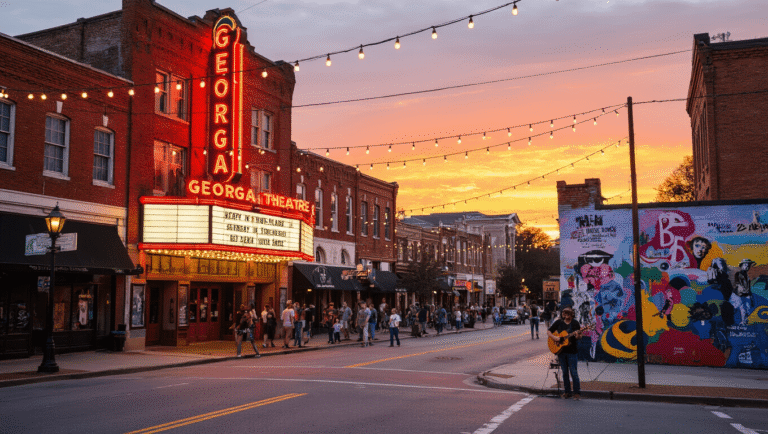 "Downtown Athens, Georgia street scene at dusk, featuring Georgia Theatre's neon marquee, historic red brick buildings, university students, locals, artist performing and a mural of R.E.M. and The B-52s"