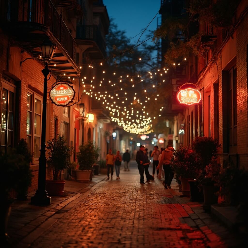 Downtown Athens street scene at night with glowing storefronts, neon signs, historic brick buildings, overhead string lights, performing street musicians, and a mix of college students and locals enjoying the vibrant nightlife.