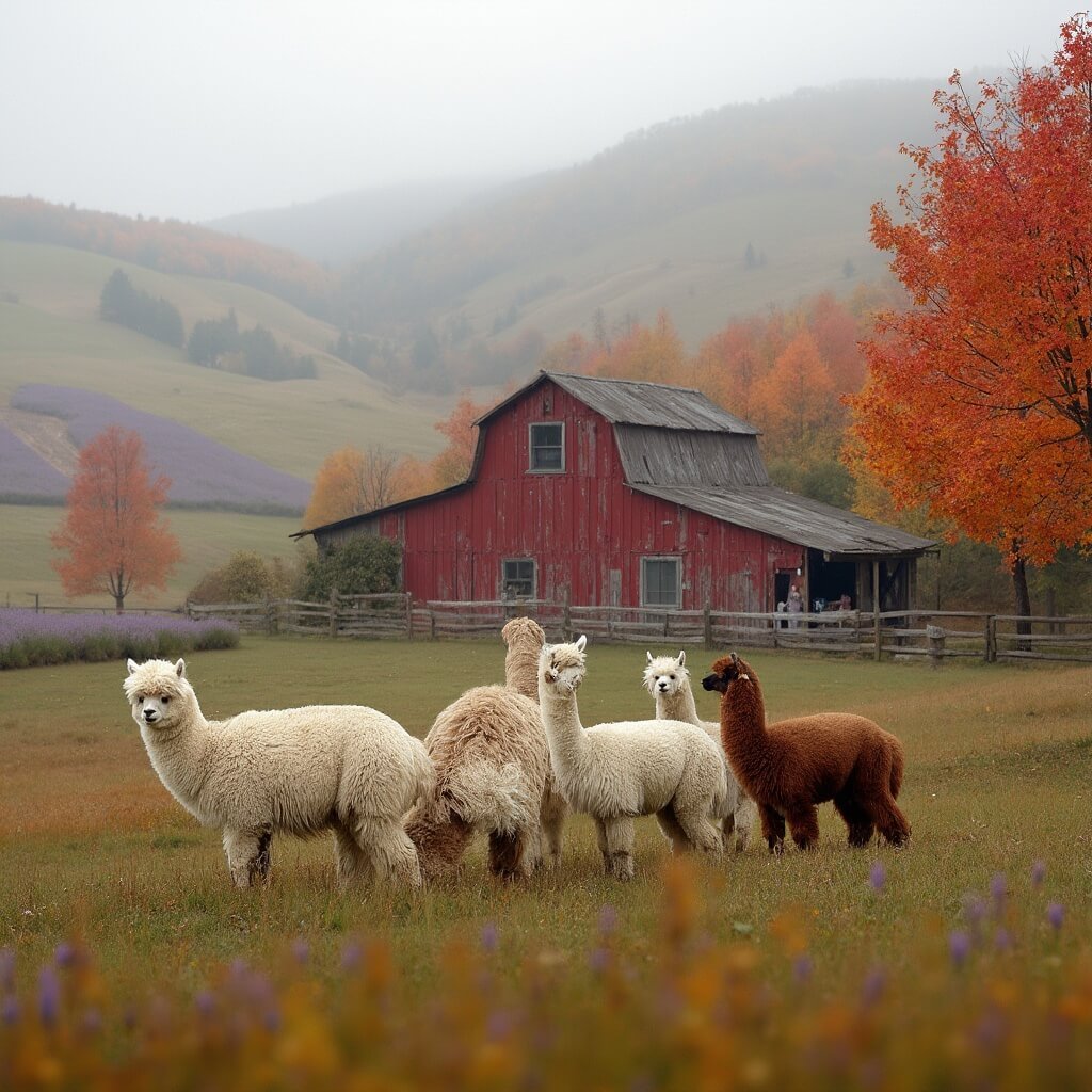 Escape the Ordinary: Uncover the Hidden Gem of Friday Harbor, Washington Fluffy alpacas grazing in misty autumn morning at Amaro Farm with red barn, vibrant fall foliage, and rolling hills with lavender patches in the background.