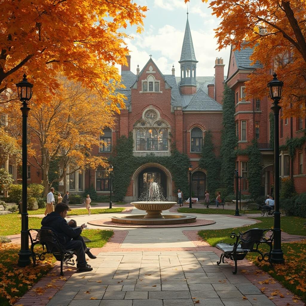 5 College Towns in the U.S. That Are Perfect for Your Next Weekend Escape Autumn scene in college town with gothic red brick buildings, students studying on benches, vintage lampposts, and a bubbling limestone fountain in the courtyard