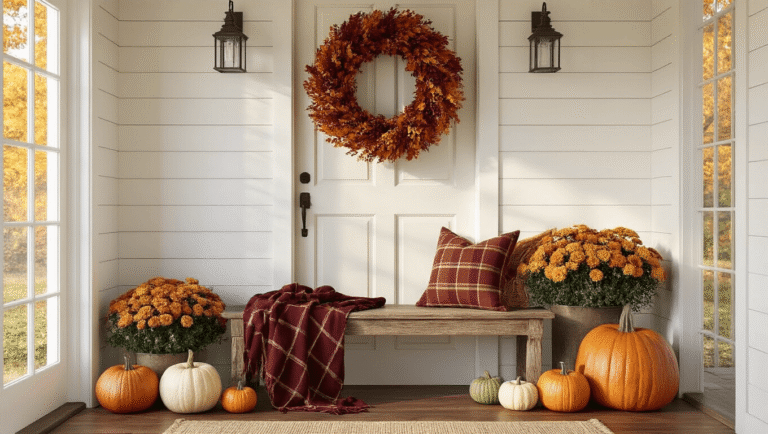 Cinematic autumn entryway scene featuring white shiplap walls, oak hardwood floors, a burgundy and orange wreath on a cream front door, a rustic wooden bench with a plaid throw, heirloom pumpkins, chrysanthemums in terracotta planters, and an embroidered jute doormat, all illuminated by warm golden hour light.