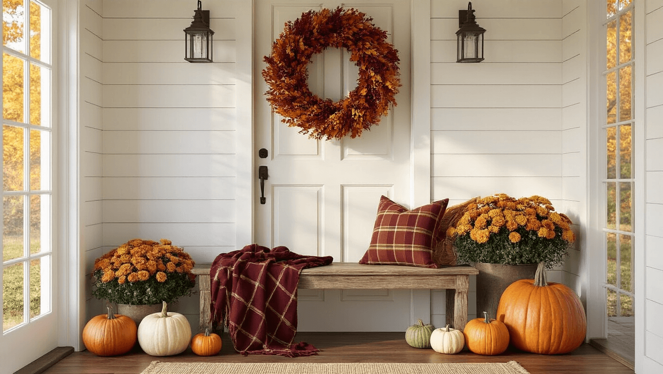 Cinematic autumn entryway scene featuring white shiplap walls, oak hardwood floors, a burgundy and orange wreath on a cream front door, a rustic wooden bench with a plaid throw, heirloom pumpkins, chrysanthemums in terracotta planters, and an embroidered jute doormat, all illuminated by warm golden hour light.