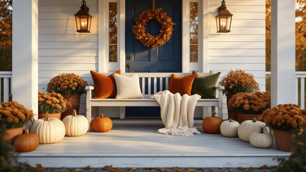 Cozy Fall Front Porch Decor: Your Ultimate Guide to Autumn's Most Inviting Entrance Cinematic wide-angle view of a cozy autumn front porch at golden hour, featuring a vintage wooden bench with cream throws and burnt orange pillows, clusters of heirloom pumpkins, aged copper lanterns, a navy blue door with an autumn wreath, and terracotta pots overflowing with chrysanthemums, all framed by natural corn stalks.