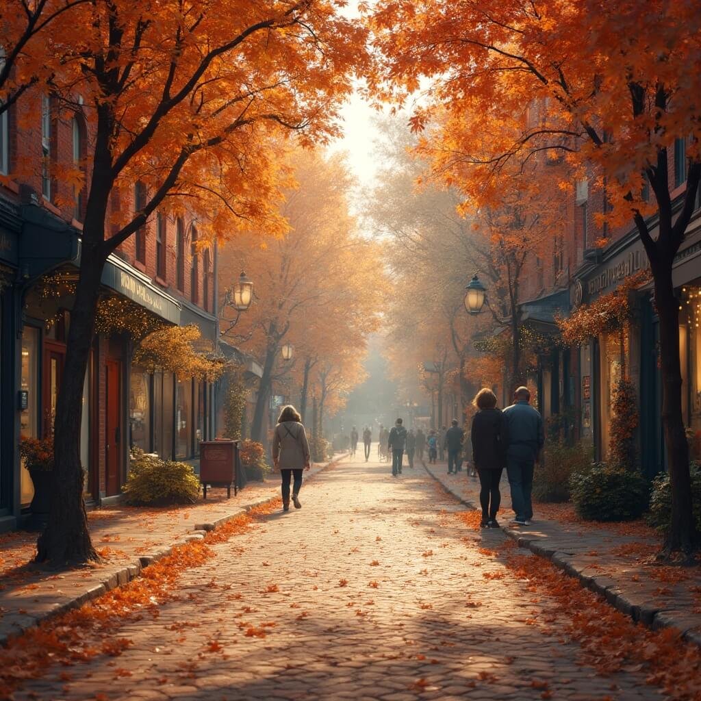 9 U.S. Small Towns That'll Transform Your Fall Travel Game Charming New England small town main street in peak autumn with vibrant red-orange foliage, historic buildings, boutique shops, vintage lampposts, and locals on brick sidewalks, captured in photorealistic detail with cinematic lighting.