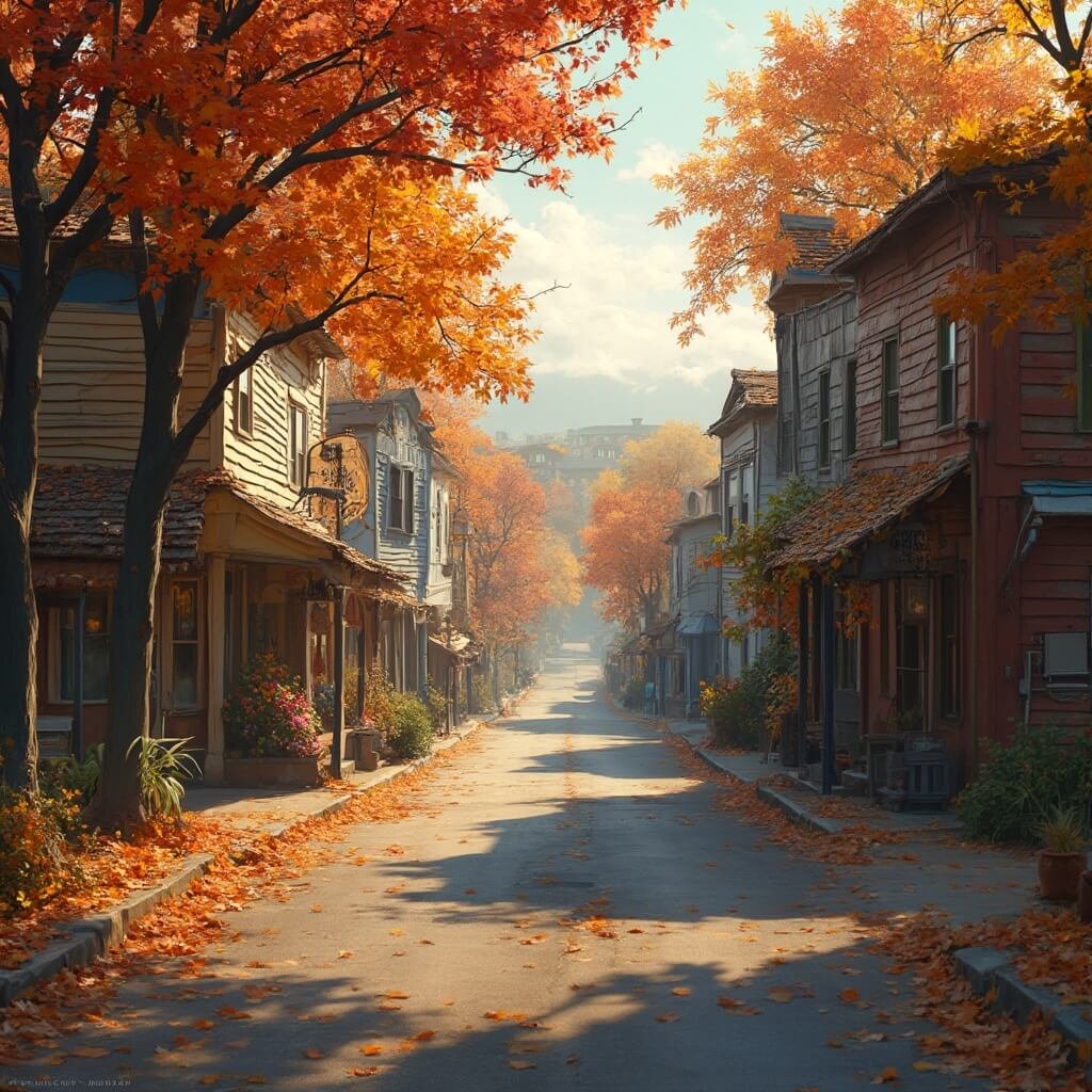 9 U.S. Small Towns That'll Transform Your Fall Travel Game Quaint New England town's main street in autumn with vintage storefronts, leaf-covered sidewalks, and vibrant fall foliage