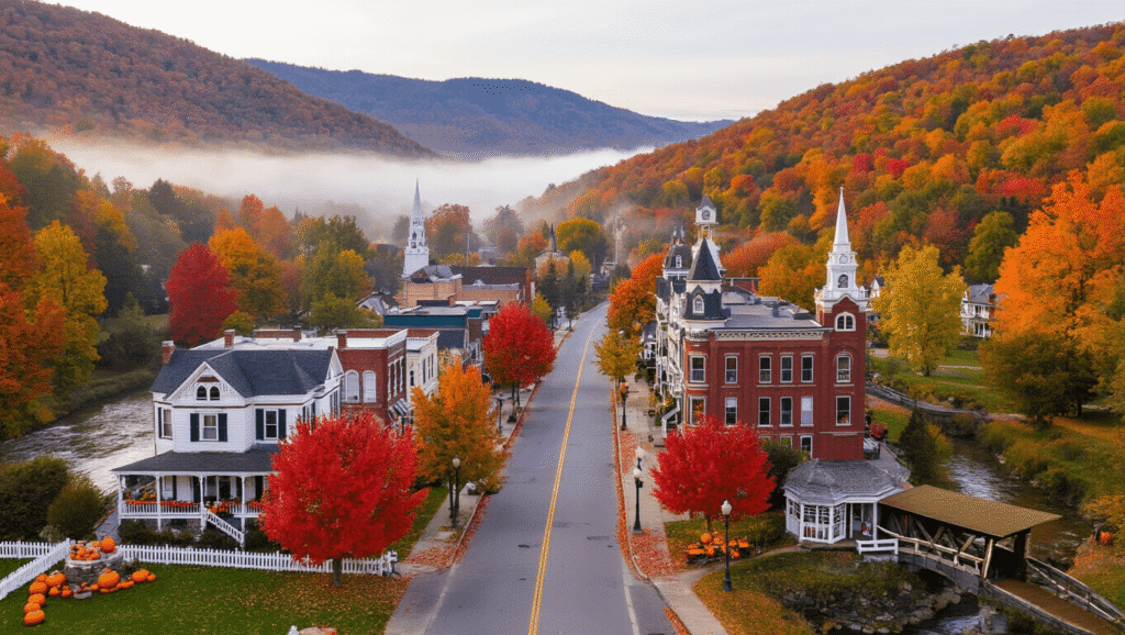 9 U.S. Small Towns That'll Transform Your Fall Travel Game "Aerial view of a small American town in autumn with Victorian buildings, a river with a covered bridge, and colorful trees"