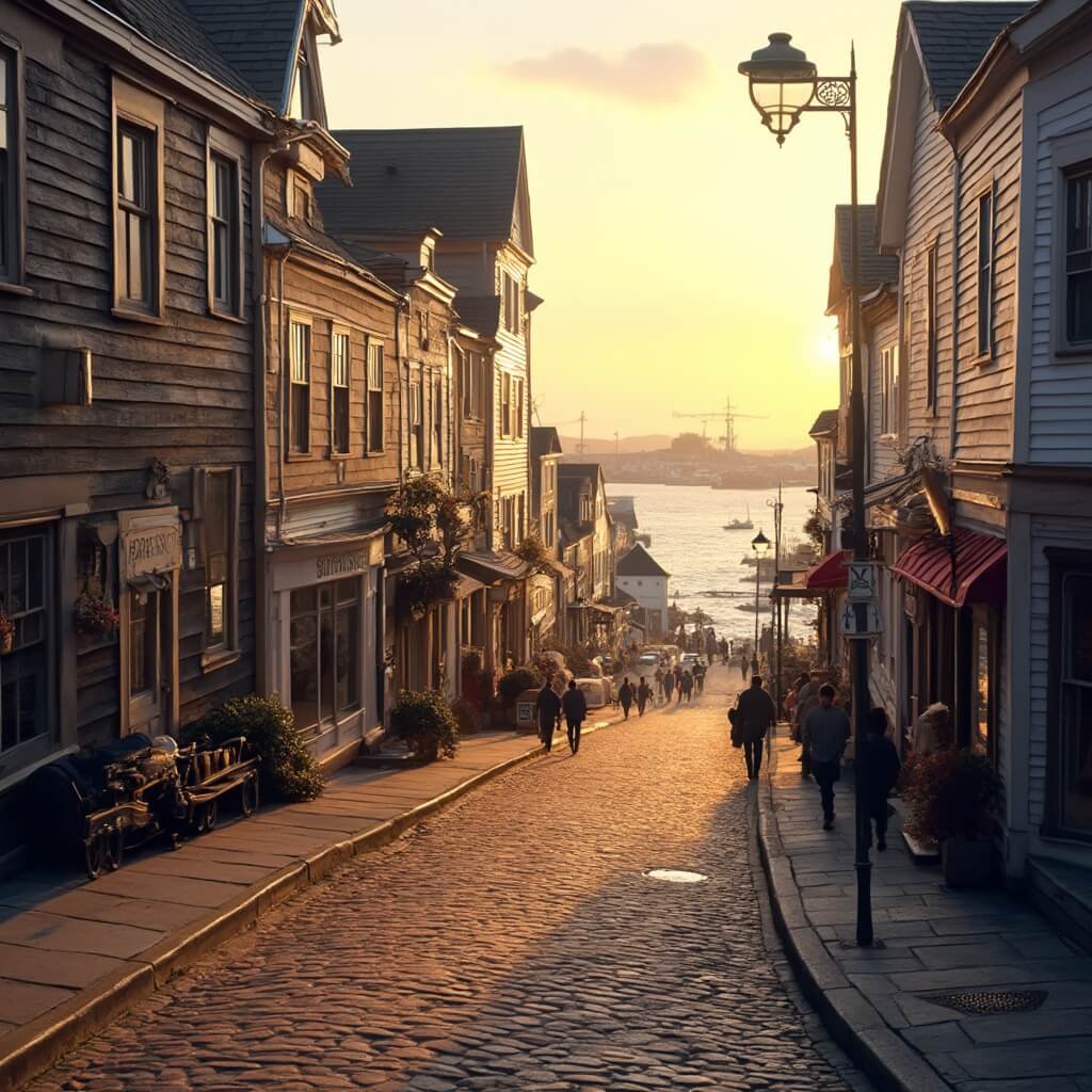 Unveiling Bar Harbor: Your Epic Coastal Adventure Starts Here Golden hour view of Bar Harbor downtown with classic New England architecture, cobblestone streets, historic wooden buildings, and distant ocean and harbor view