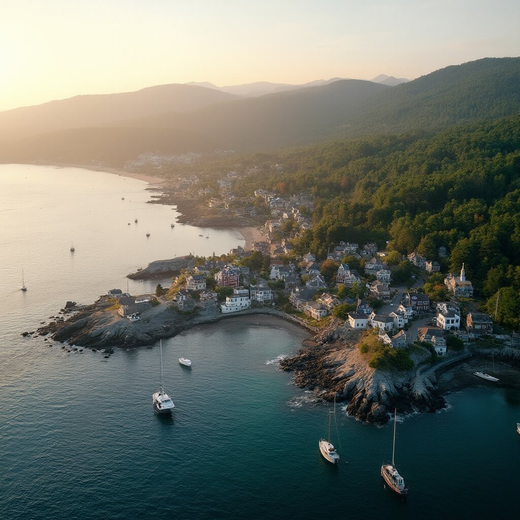 Unveiling Bar Harbor: Your Epic Coastal Adventure Starts Here Aerial view of Bar Harbor, New England, with small boats in the harbor, historic Victorian buildings on the waterfront, and Acadia National Park in the background during golden hour lighting