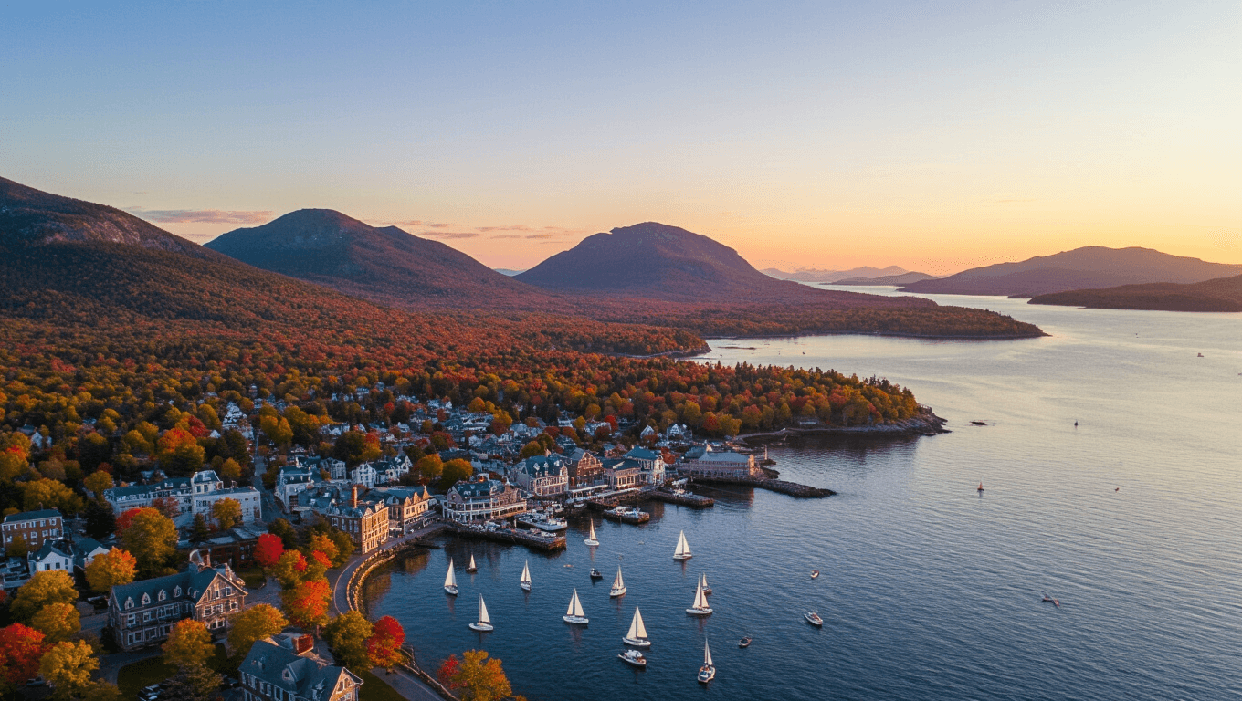 "Aerial view of Bar Harbor, Maine at golden hour, featuring the town's Victorian architecture, sailing harbor, and Acadia National Park with Cadillac Mountain"