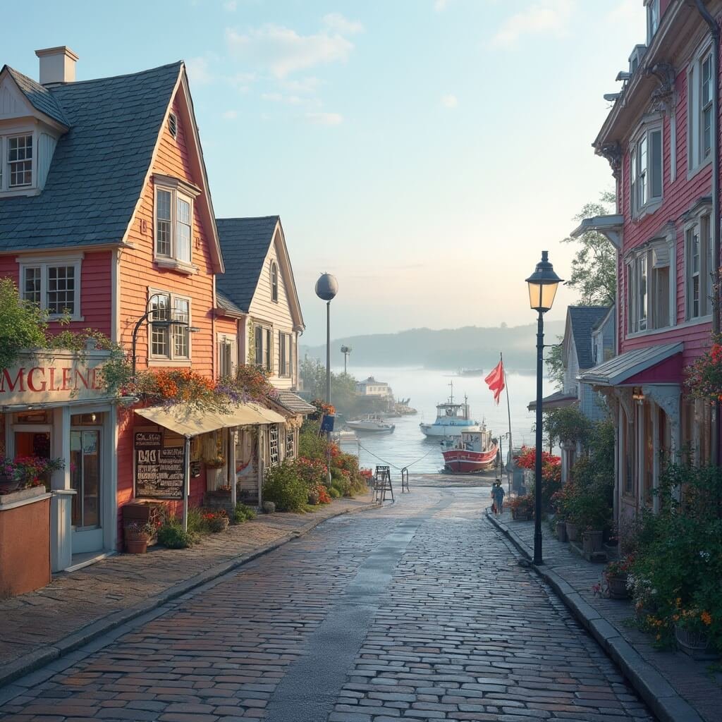 America's Hidden Treasures: 6 Small-Town Main Streets That Will Blow Your Mind Early morning fog on empty Main Street in Bar Harbor with pastel-colored historic buildings, coastal architecture, maritime-inspired wooden storefronts, and distant lobster boats in the harbor