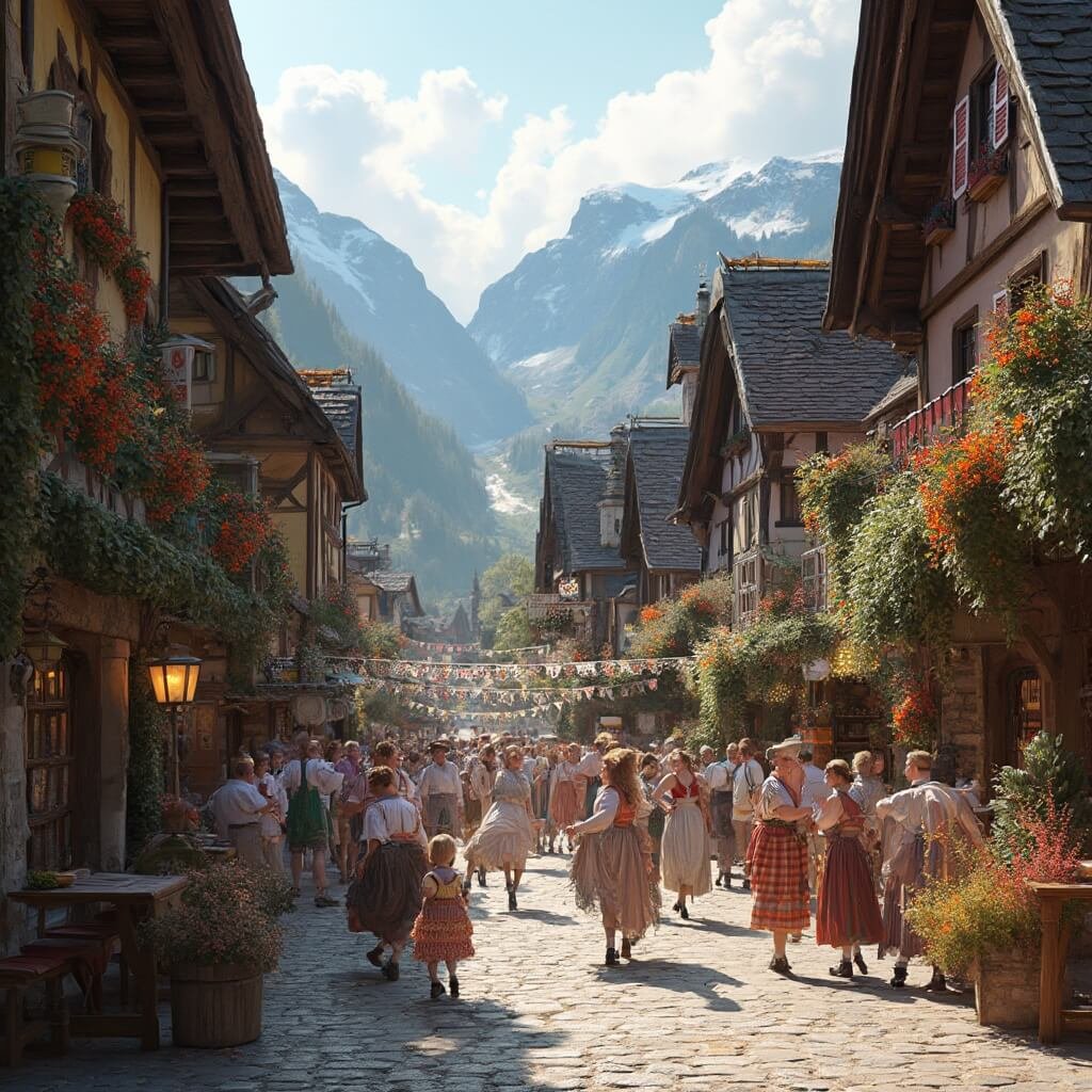 10 Small Town Festivals in the U.S. That Will Blow Your Mind (And Your Travel Plans) Bavarian-style alpine village street in rural Georgia, featuring ornate wooden buildings, traditional German folk dancers, Oktoberfest celebration with beer steins, festive bunting, and wooden garden tables, in gentle afternoon light and mountain-like terrain