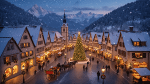 8 Magical Small Towns That Turn Christmas into a Fairytale Experience "Aerial view of Bavarian-style town at dusk, nestled in mountains with twinkling Christmas lights, snow-dusted rooftops, horse-drawn carriages, a decorated Christmas tree in the town square, market stalls, and people strolling in winter attire, with falling snowflakes and festive decorations enhancing the enchanting holiday atmosphere."
