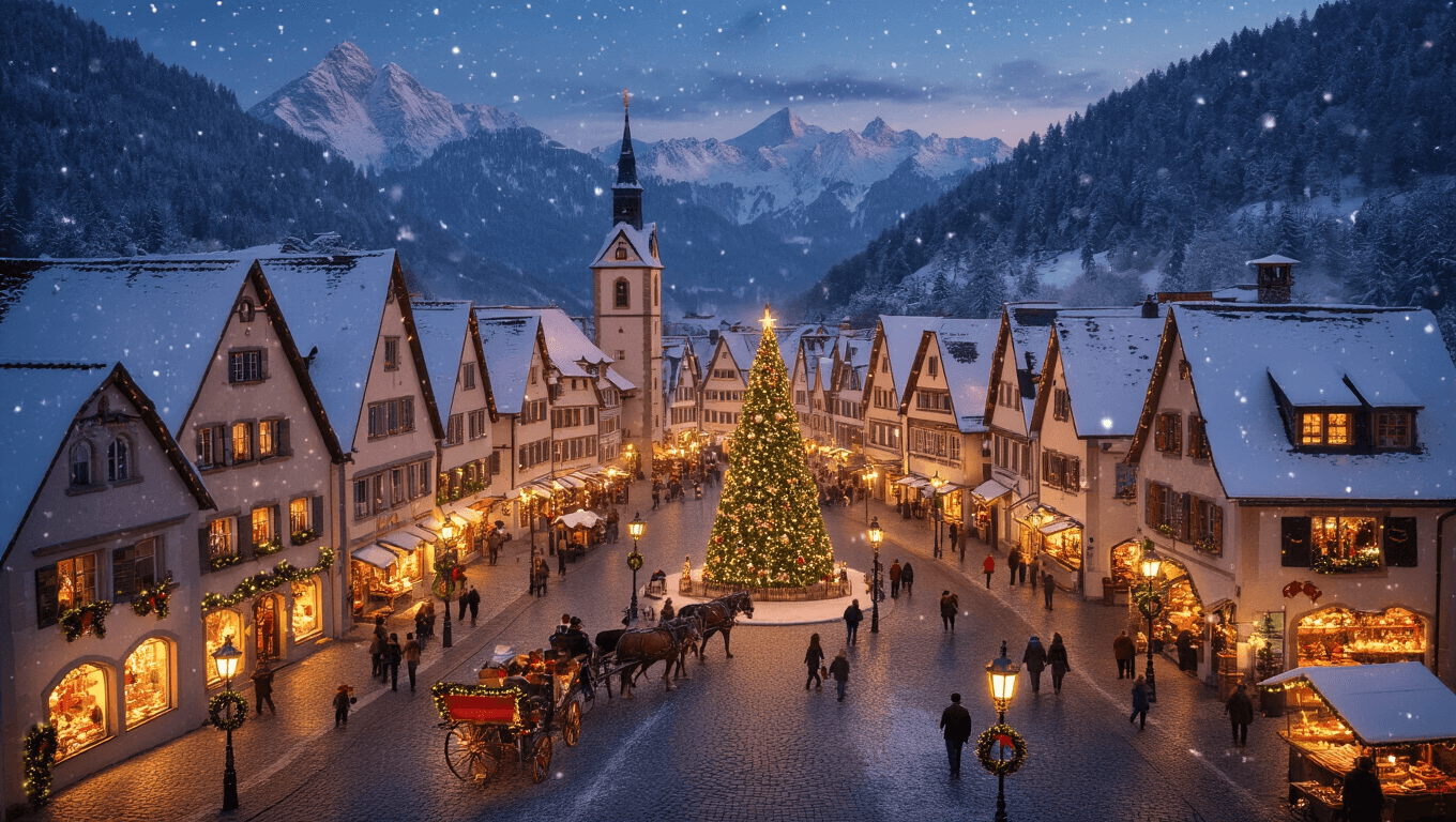 "Aerial view of Bavarian-style town at dusk, nestled in mountains with twinkling Christmas lights, snow-dusted rooftops, horse-drawn carriages, a decorated Christmas tree in the town square, market stalls, and people strolling in winter attire, with falling snowflakes and festive decorations enhancing the enchanting holiday atmosphere."