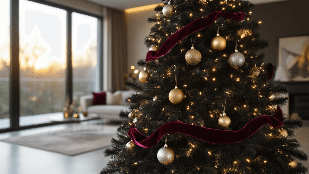 Black Christmas Tree: Transform Your Holiday Decor with Dramatic Elegance Cinematic wide-angle shot of a luxurious modern living room featuring a dramatic 7-foot black Christmas tree adorned with metallic ornaments, velvet ribbon, and fairy lights, with warm golden hour lighting and elegant furnishings.