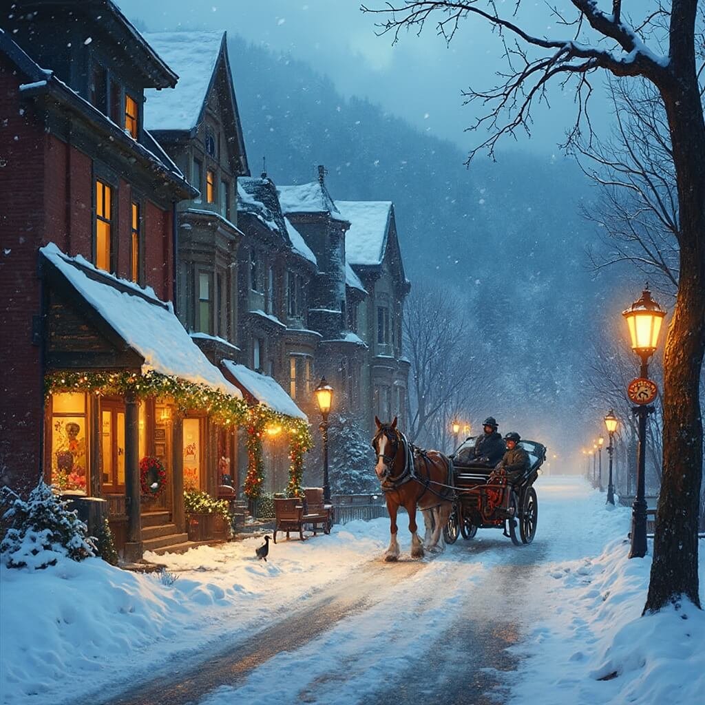 8 Magical Small Towns That Turn Christmas into a Fairytale Experience Horse-drawn carriage on snow-covered Main Street adorned with white lights and evergreen garlands, Blowing Rock, North Carolina with snow-capped Appalachian mountains in the backdrop during blue hour