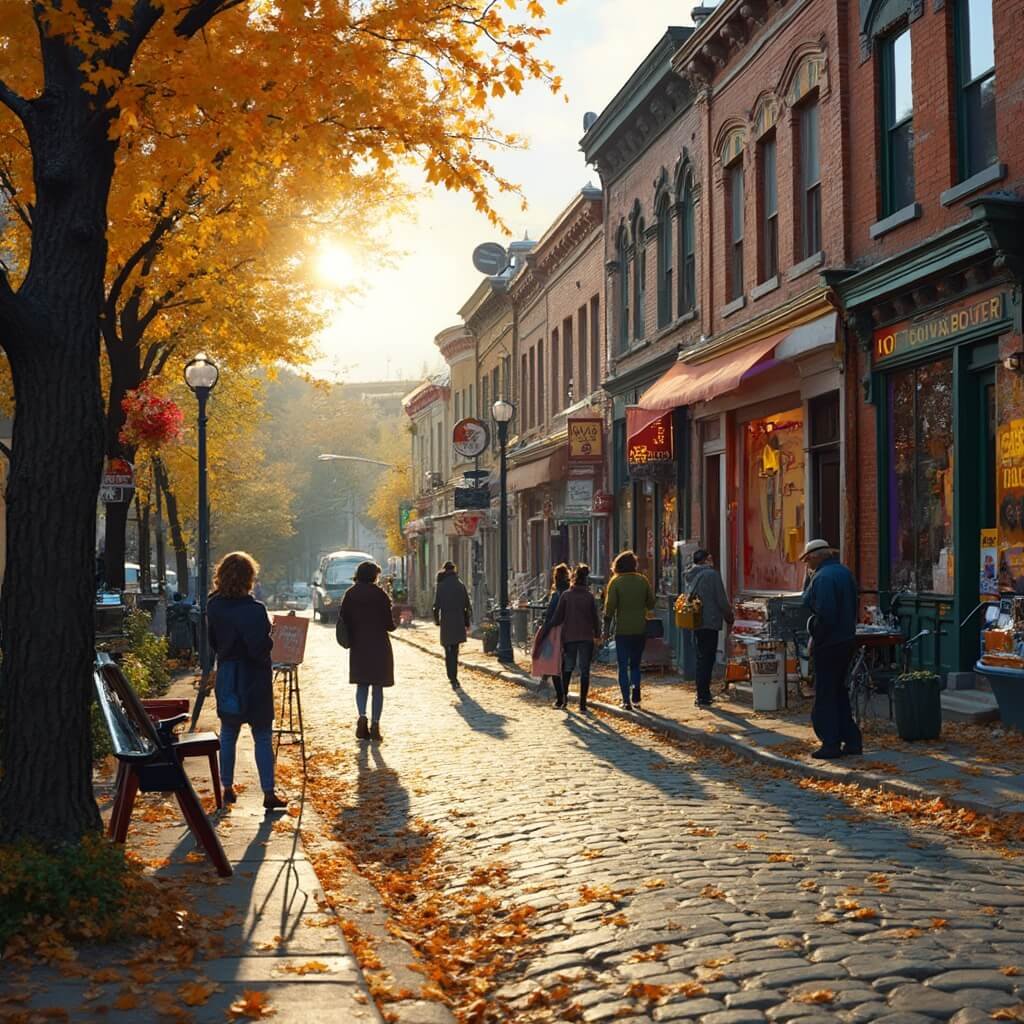 Colorful street scene in downtown Brattleboro at golden hour with charming historic brick buildings, artist painting outdoors, autumn leaves on cobblestone sidewalks and intricate architecture, bathed in warm Vermont sunlight.