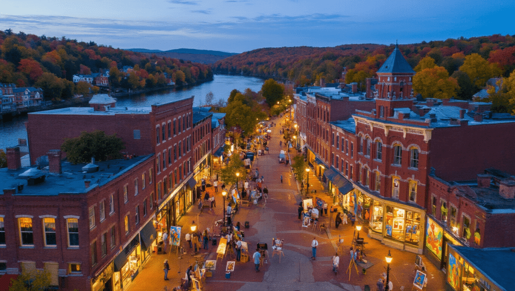 Brattleboro, Vermont: Where Art Breathes Life into Every Corner "Aerial view of downtown Brattleboro, Vermont during First Friday Gallery Walk, featuring historic buildings, art installations, musicians, artists, locals, Connecticut River, autumn foliage, and illuminated Union Station building, in a photojournalistic style"