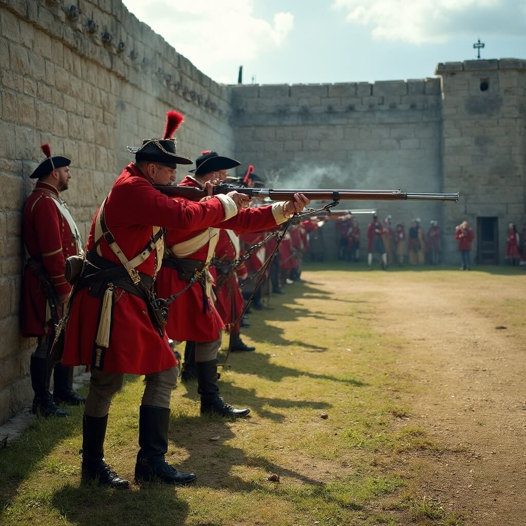 Mackinac Island: The Time-Travelling Escape That Will Blow Your Mind (No DeLorean Required) British redcoat soldiers reenacting 1780s musket drill at Fort Mackinac, focusing on authentic uniforms and weaponry details in dramatic lighting