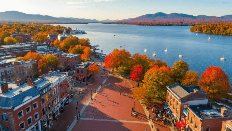 Uncover Burlington, Vermont: Your Ultimate New England Hidden Gem "Aerial view of Burlington, Vermont in autumn with Church Street Marketplace, ECHO Leahy Center, Lake Champlain, and Adirondack Mountains; street performers, outdoor cafés, and First Unitarian Universalist Society church present."