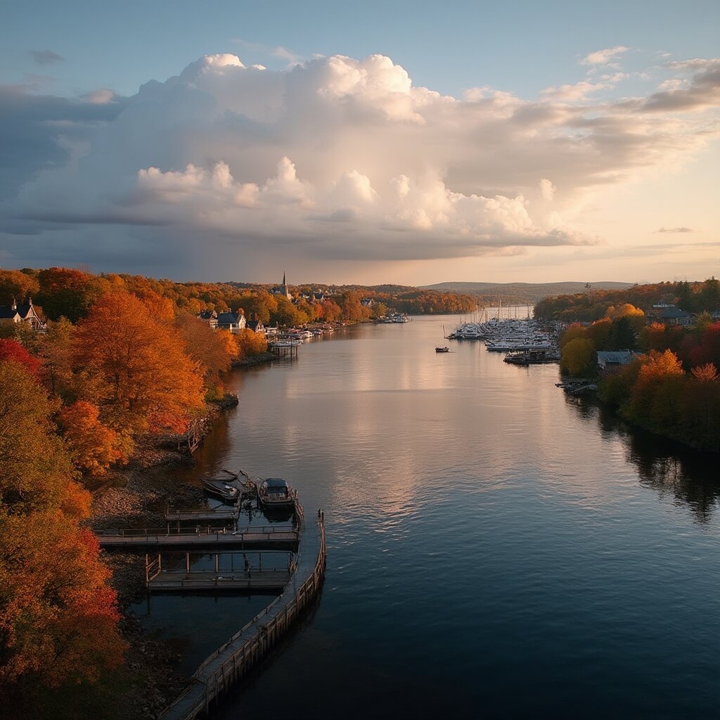 Uncover Burlington, Vermont: Your Ultimate New England Hidden Gem Aerial view of Burlington waterfront at golden hour with autumn foliage, wooden boardwalk, illuminated colorful trees, marina, and cloud reflections on Lake Champlain