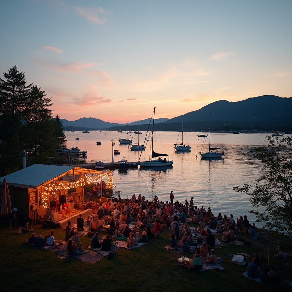 Uncover Burlington, Vermont: Your Ultimate New England Hidden Gem Vibrant summer evening at Burlington's waterfront featuring sailboats on Lake Champlain at sunset, illuminated outdoor concert area, people enjoying live music on blankets, mountains glowing in background, food trucks on shore, and sky with clouds tinted pink and orange