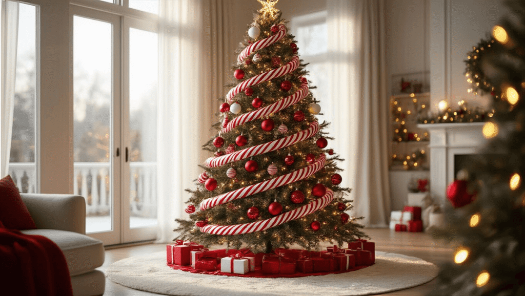 How to Create a Magical Candy Cane Christmas Tree: A Sweet Styling Guide Cinematic wide-angle shot of a luxurious living room featuring an 8-foot candy cane Christmas tree adorned with red and white ornaments, warm lighting, and rich textures, creating a cozy holiday atmosphere.