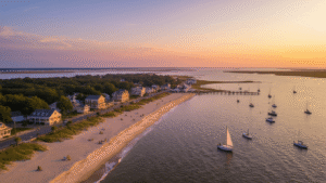 Cape Charles, Virginia: Your Hidden Coastal Paradise Revealed "Aerial sunset view of Cape Charles, Virginia, highlighting its coastal beauty, historic architecture, public beach, sailboats in Chesapeake Bay, and nearby creeks, epitomizing the serene small-town charm."
