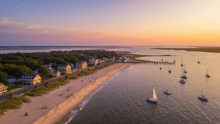"Aerial sunset view of Cape Charles, Virginia, highlighting its coastal beauty, historic architecture, public beach, sailboats in Chesapeake Bay, and nearby creeks, epitomizing the serene small-town charm."