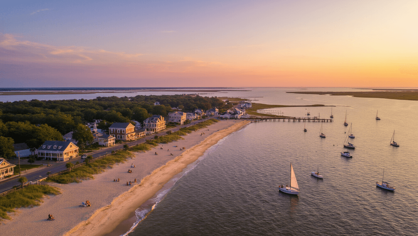 "Aerial sunset view of Cape Charles, Virginia, highlighting its coastal beauty, historic architecture, public beach, sailboats in Chesapeake Bay, and nearby creeks, epitomizing the serene small-town charm."